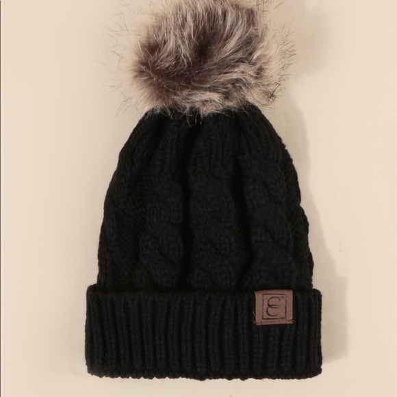 Black Knit Pom Pom Beanie - Picture 2 of 2